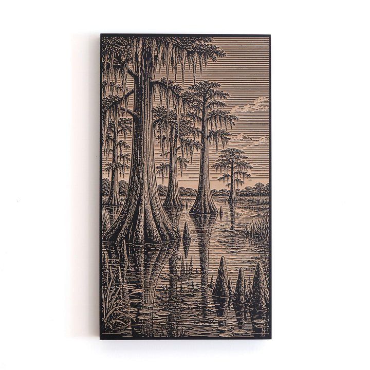 Bald Cypress Swamp Reflection Engraved Birch Art Panel