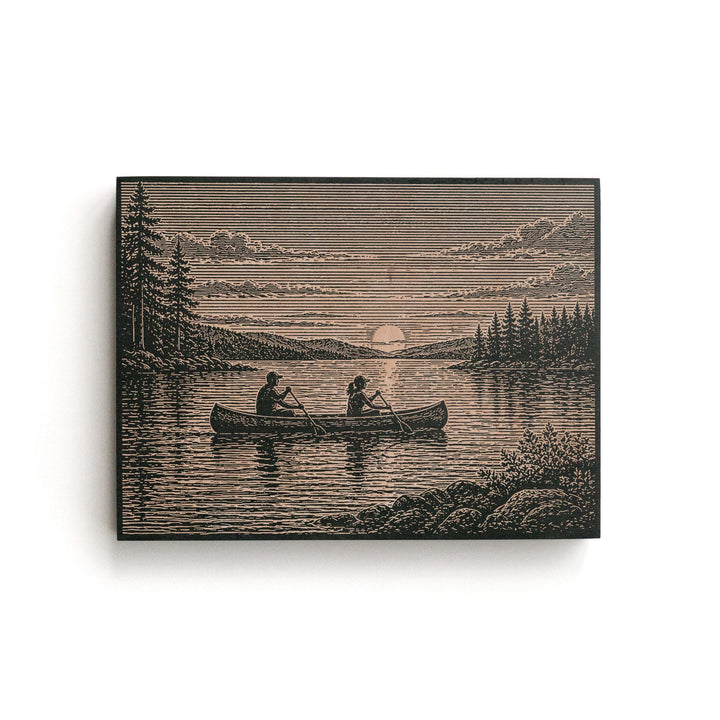 Canoe at Sunset on Calm Lake Engraved Illustration