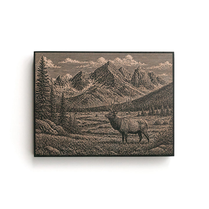 Elk In a Meadow Beneath Peaks Engraved Birch Art Panel