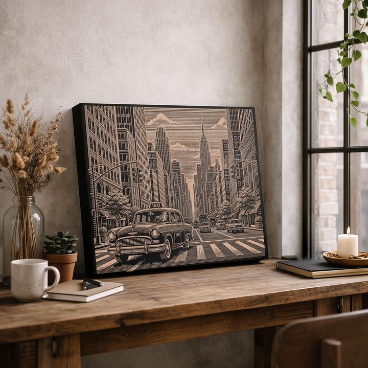NYC Taxi Cab Engraved Birch Art Panel