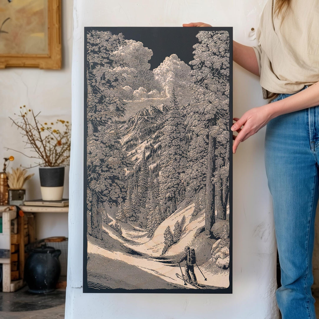 Skiing in the Trees Engraved Illustration