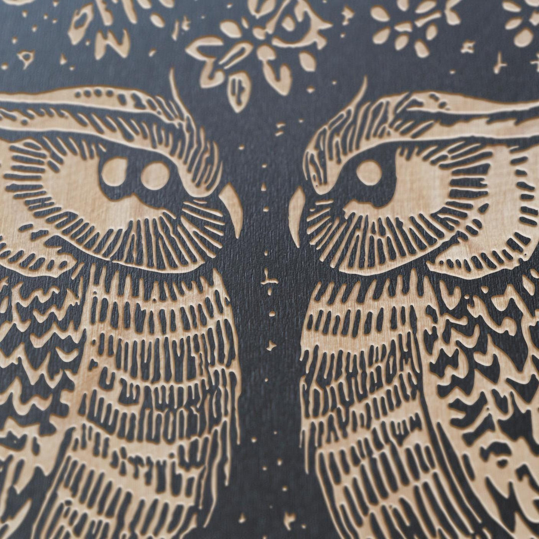 Custom Name Great Horned Owl Couple Engraved Birch Wood Panel