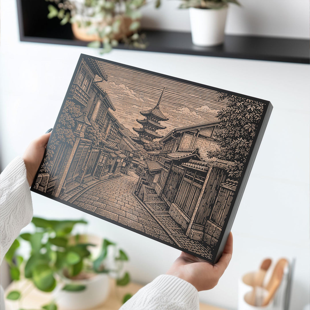 Kyoto Pagoda Street Engraved Birch Art Panel