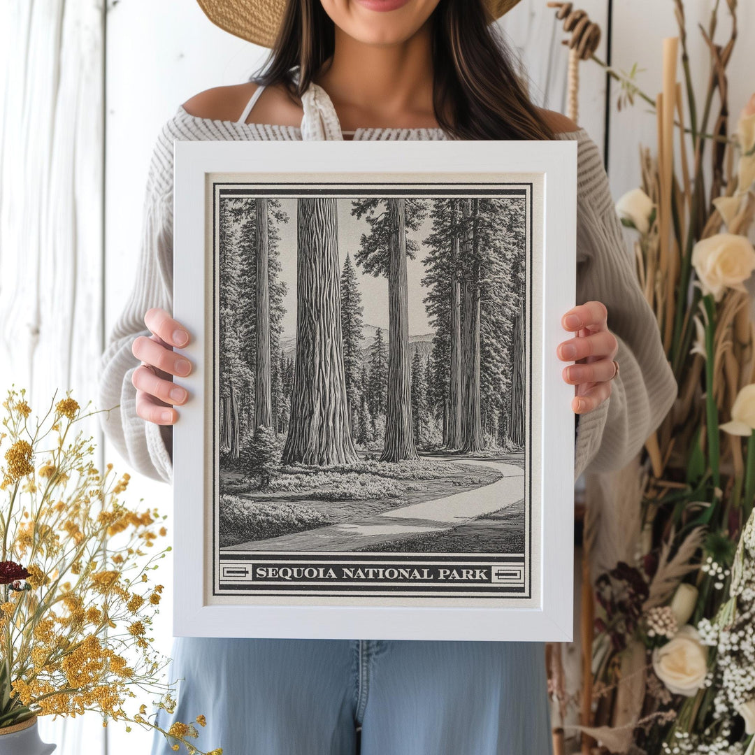 Sequoia National Park Lithograph Style Print - Vintage California archival matte fine art print. Giant Forest Sierra Nevada Mountains Gift.
