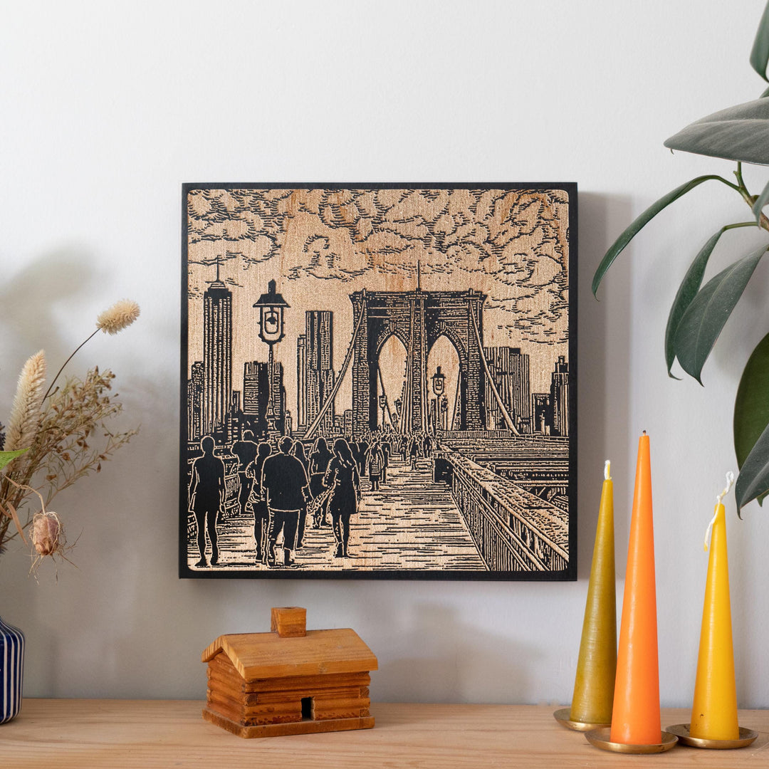 New York Brooklyn Bridge Engraved Illustration