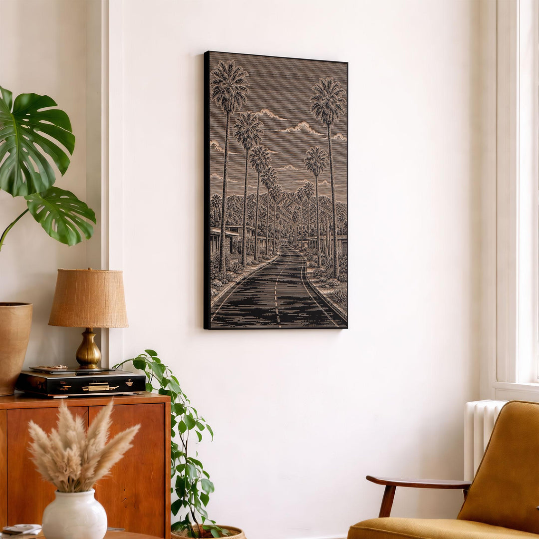 Palm Springs Desert Palm Road Engraved Birch Art Panel