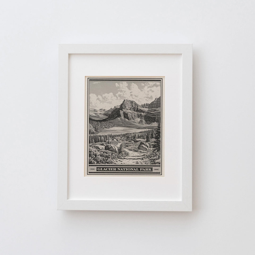 Glacier National Park Lithograph Style Print - Vintage Grinnell Lake Montana archival matte fine art print.  Cliffs of Angel Wing hiker gift
