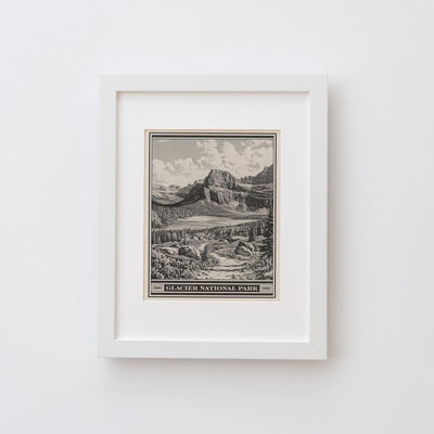 Glacier National Park Lithograph Style Print - Vintage Grinnell Lake Montana archival matte fine art print.  Cliffs of Angel Wing hiker gift