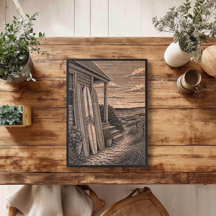 Surfboards by the Beach Cottage Engraved Illustration