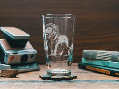 Lion Glasses | Personalized Safari Whiskey, Wine & Beer Etched Glassware Gift, African Wildlife Themed Drinkware, Memorable Trip Gift.