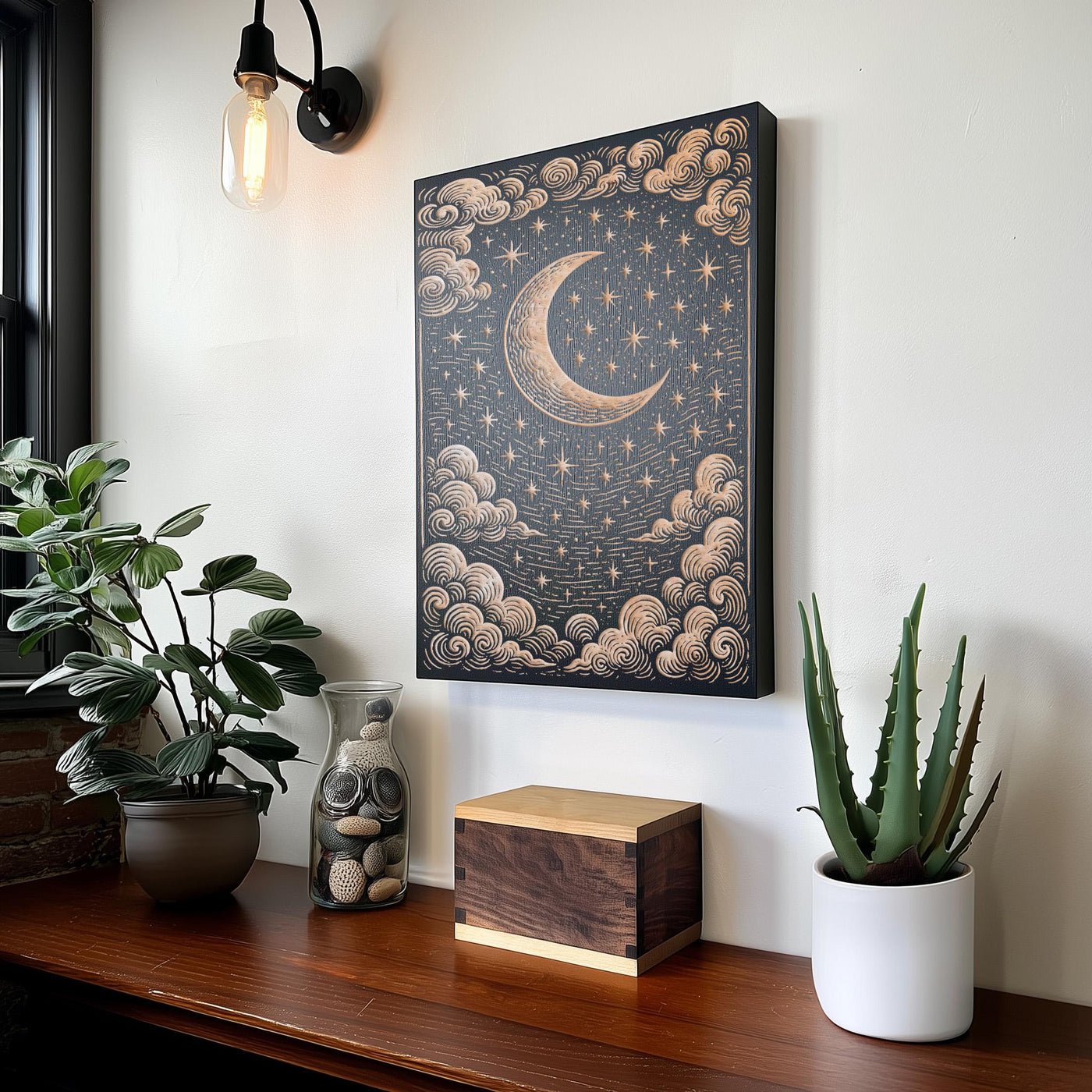 Celestial Moon & Stars Engraved Birch Illustration