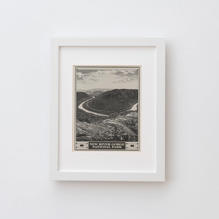 New River Gorge National Park Lithograph Style Print - Vintage West Virginia archival matte fine art print. Appalachian Mountains Gift.