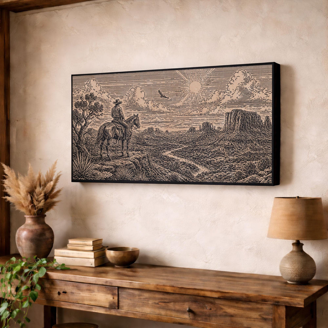 Lone Cowboy Above the Canyon Valley Engraved Illustration