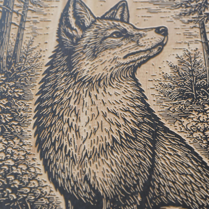 Alert Red Fox in Woodland Setting Engraved Birch Art Panel