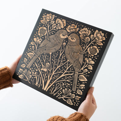 Lovebirds Engraved Birch Wood Panel