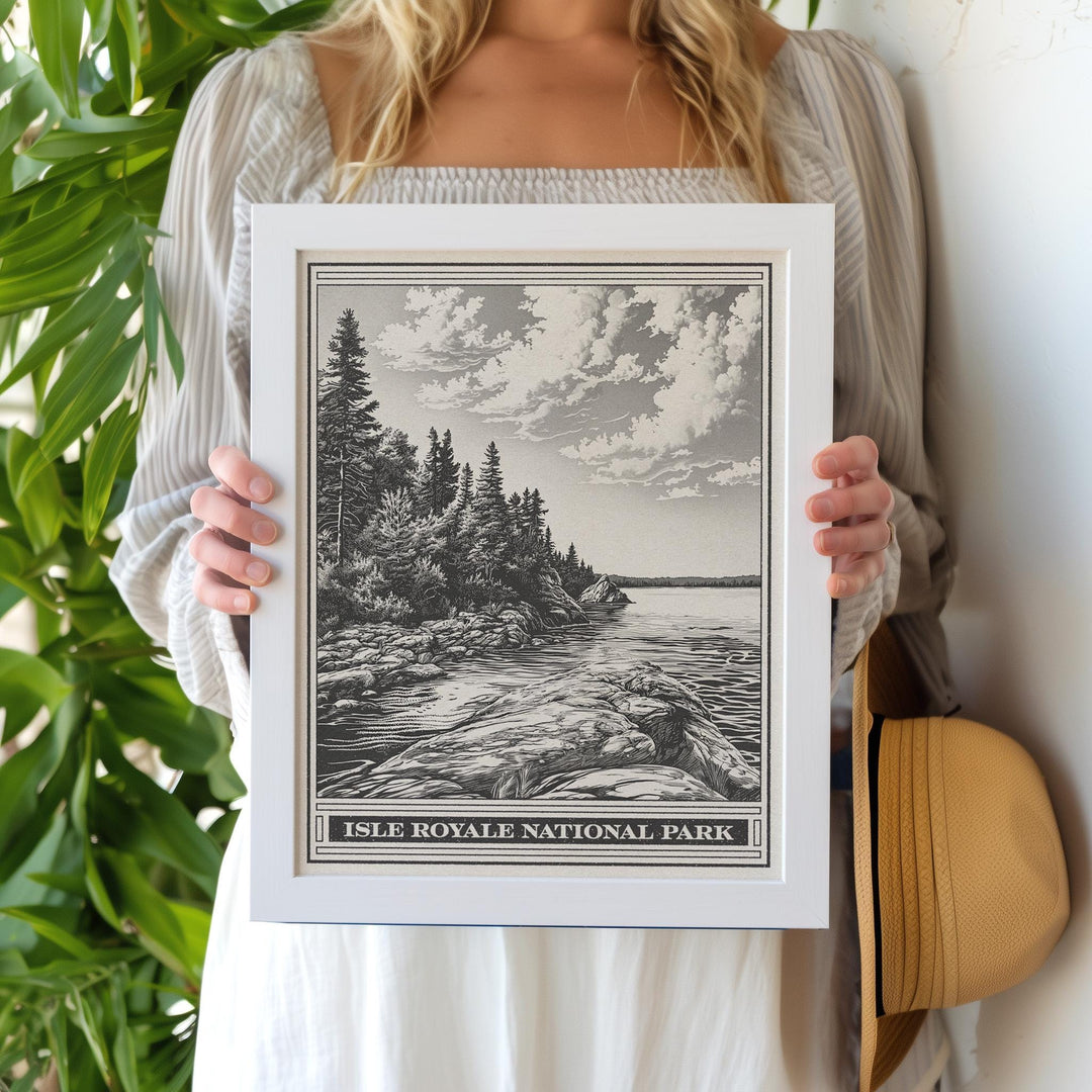 Isle Royale National Park Lithograph Style Print - Vintage Michigan archival matte fine art print Gift. Lake Michigan Greenstone Ridge Trail