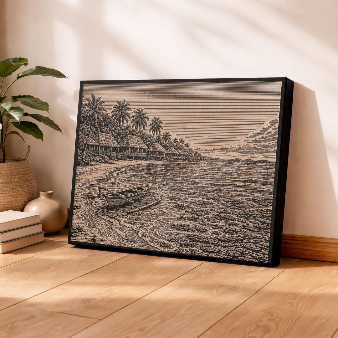 Fiji Coastal Village Engraved Birch Art Panel