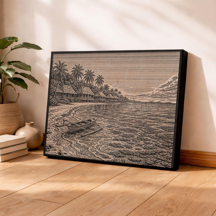Fiji Coastal Village Engraved Birch Art Panel