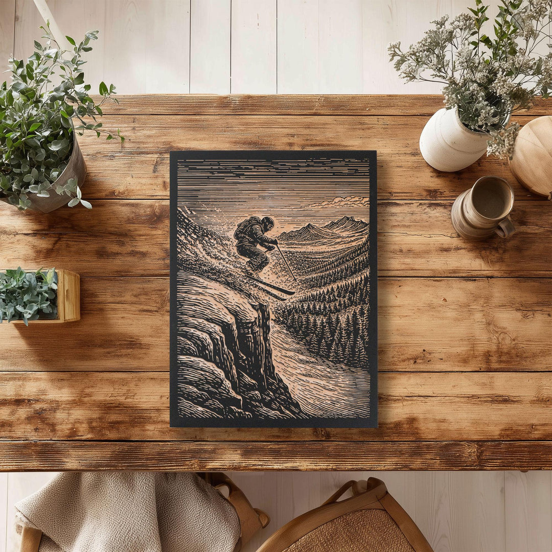 Backcountry Cliff Skiing Engraved Illustration