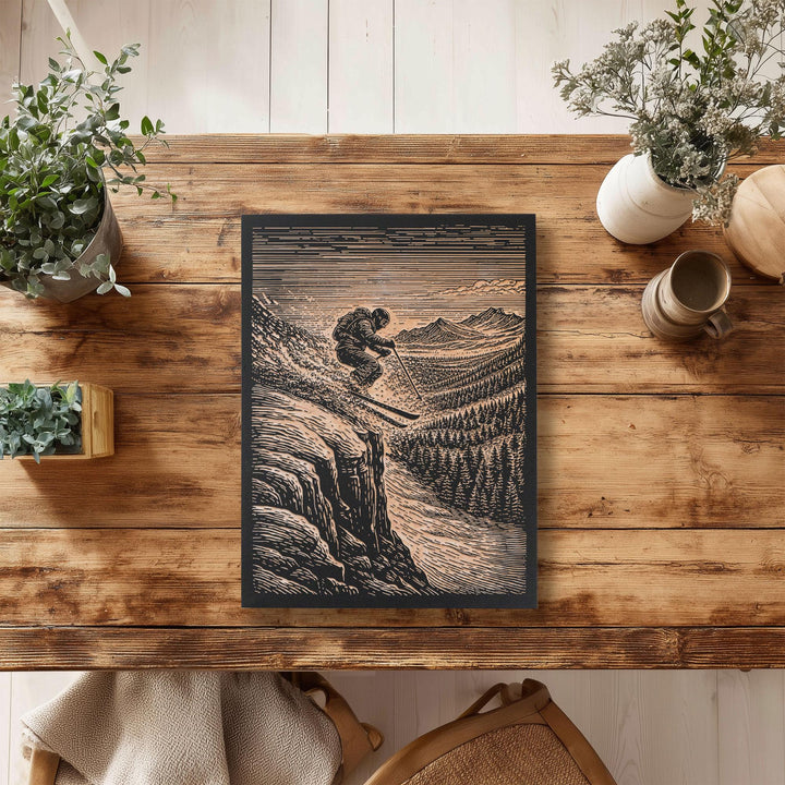 Backcountry Cliff Skiing Engraved Illustration