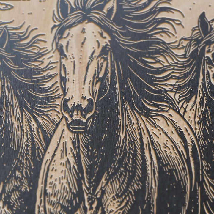 Wild Horses on Beach Engraved Birch Art Panel