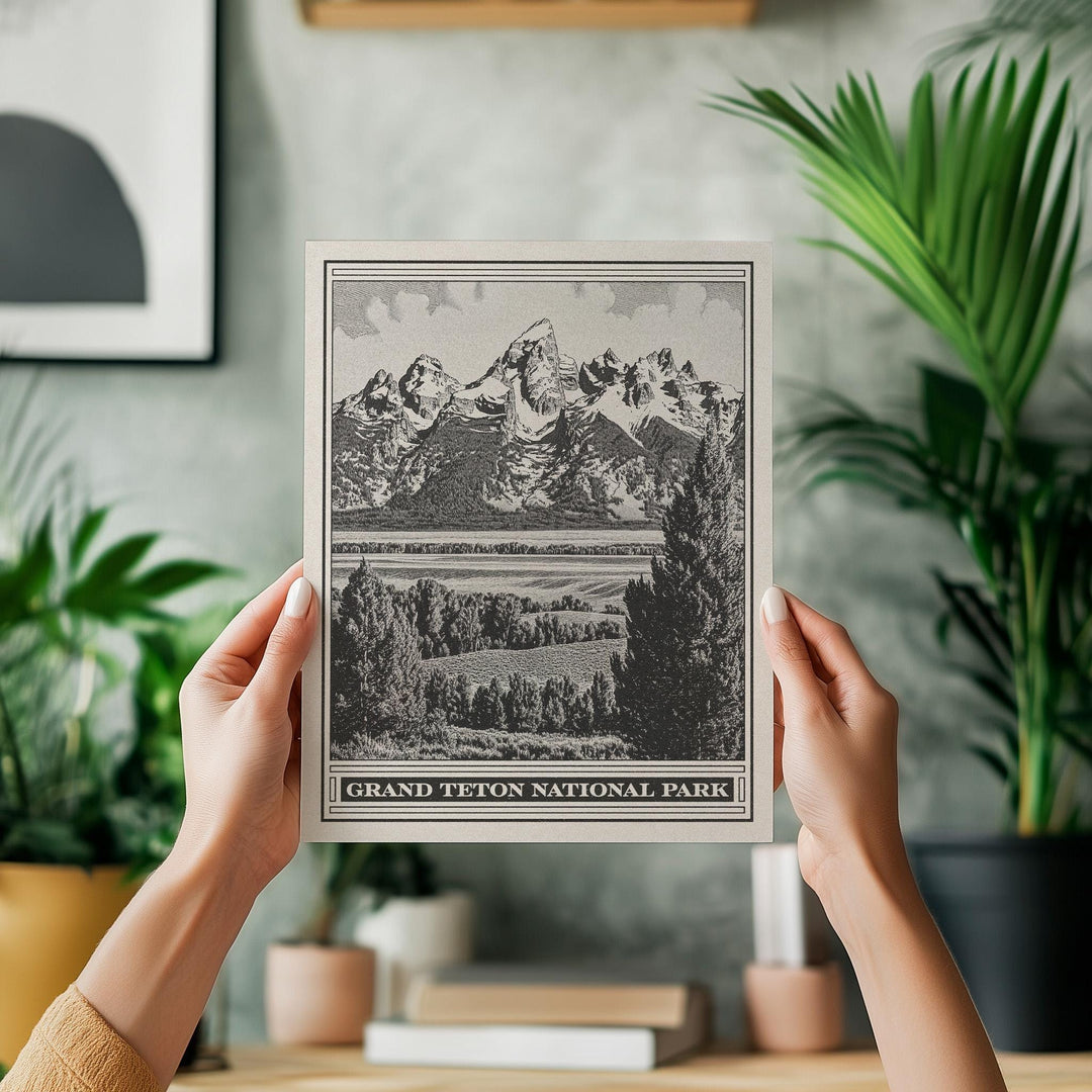 Grand Teton National Park Lithograph Style Print - Vintage Wyoming archival matte fine art print. Jackson Hole western mountain gift.