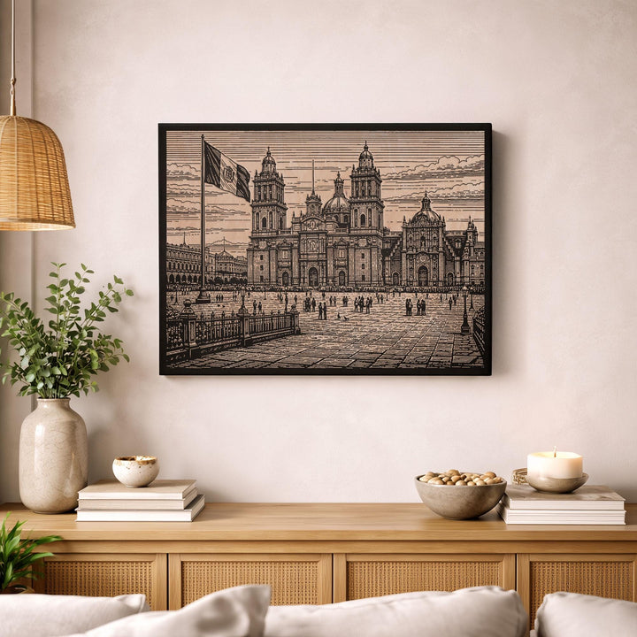 Zocalo Mexico City Engraved Birch Art Panel