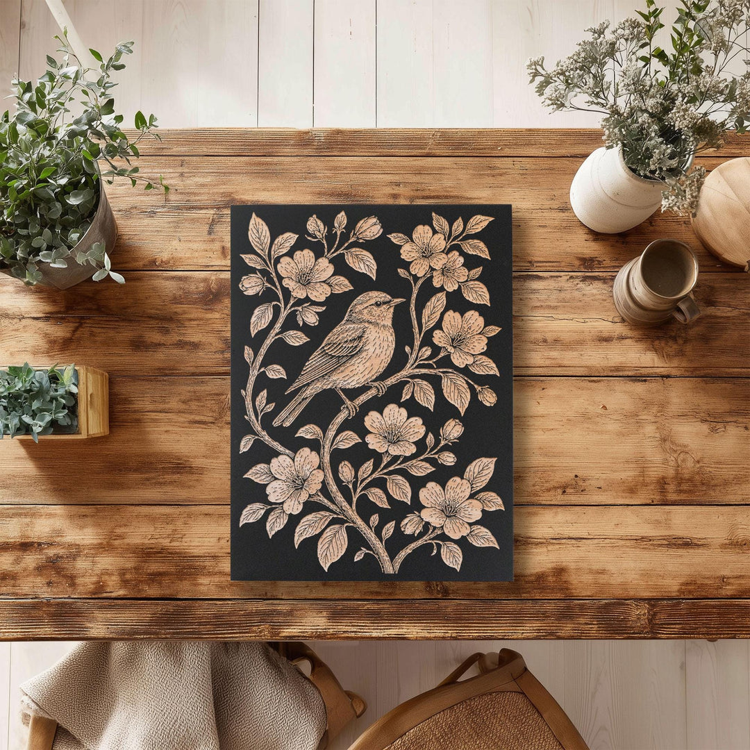 Songbird Perched Among Flowering Branches Engraved Birch Art Panel