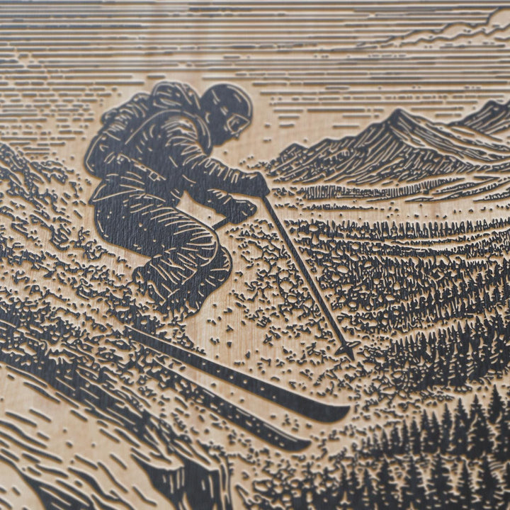 Backcountry Cliff Skiing Engraved Illustration
