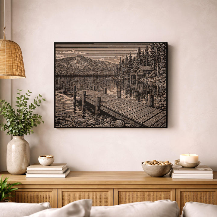 Lakeside Cabin Engraved Birch Art Panel