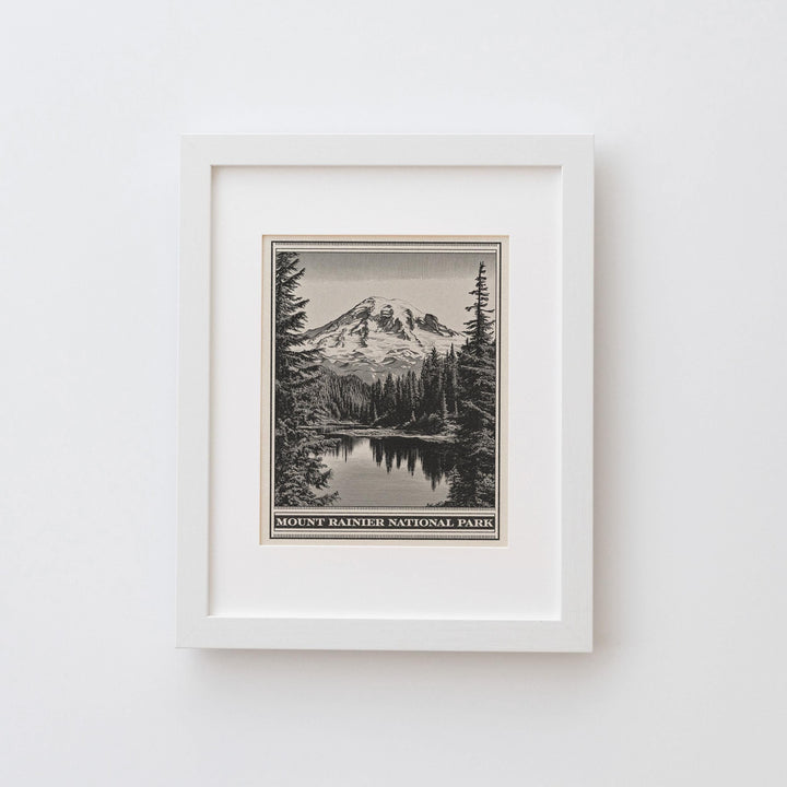 Mount Rainier National Park Lithograph Style Print - Vintage Washington archival matte fine art print. Cascade Range Reflection Lake Gift.