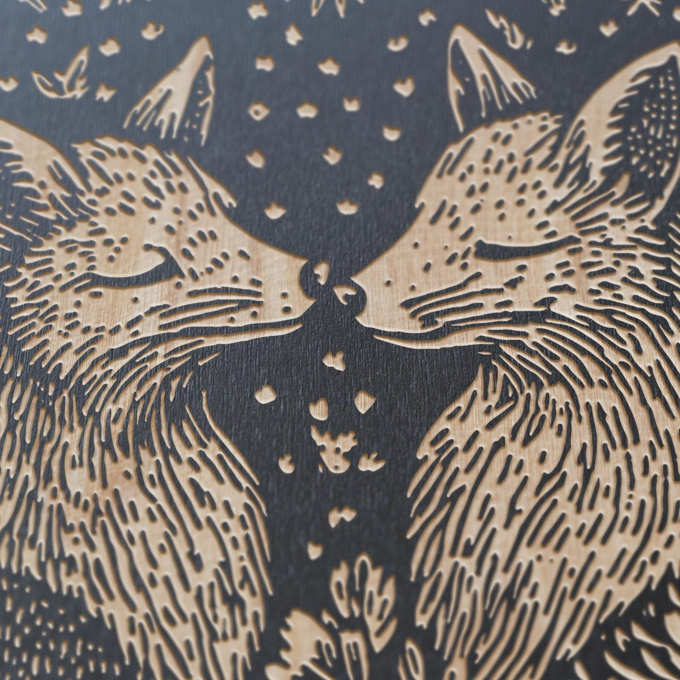 Fox Couple Engraved Birch Wood Panel