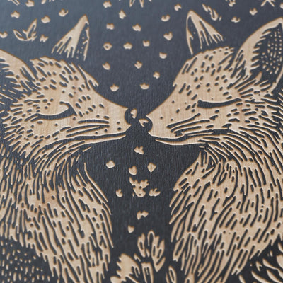 Fox Couple Engraved Birch Wood Panel