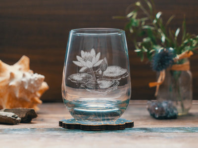 Water Lily Glasses | July Birth Flower Themed Gift, Floral Personalized Whiskey, Wine & Beer Glassware, Aquatic Lily Pad, Lotus Themed Decor