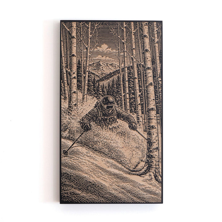 Tree Skiing in Powder Engraved Illustration