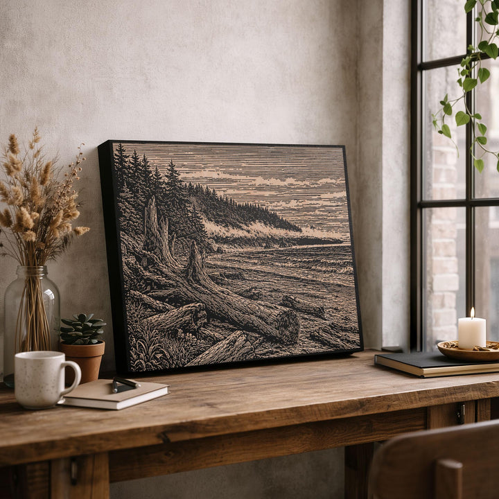 Driftwood Beach and Fog Line Engraved Birch Art Panel