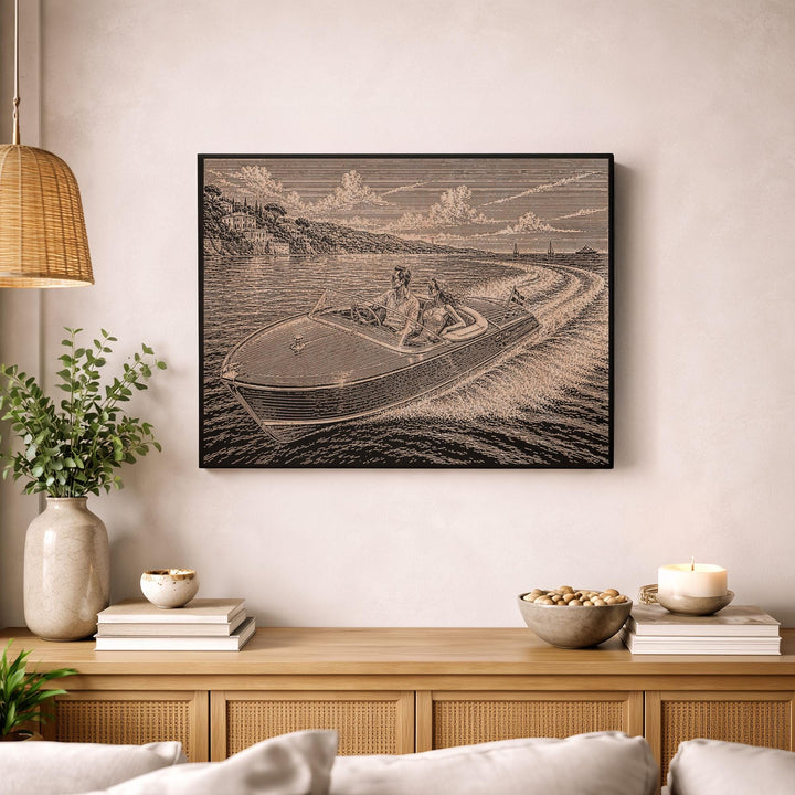 Classic Riviera Speed Boat Engraved Illustration