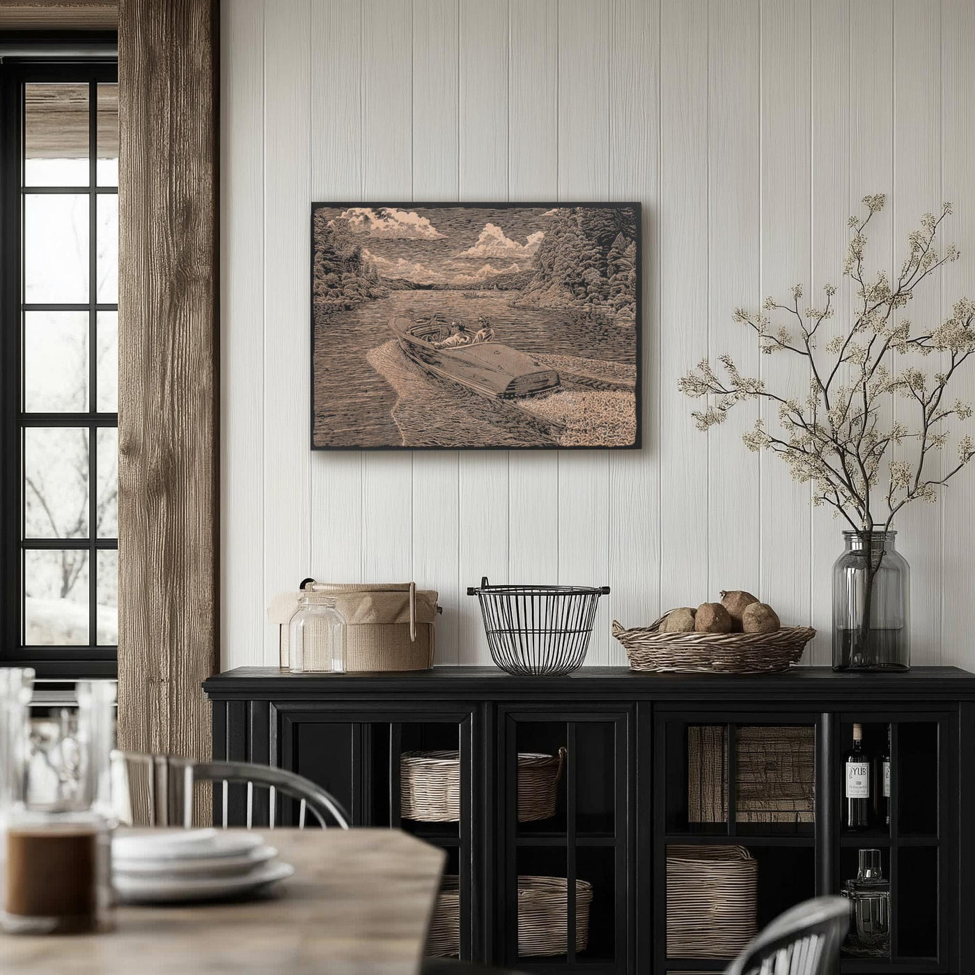 Vintage Lake Boat Engraved Illustration