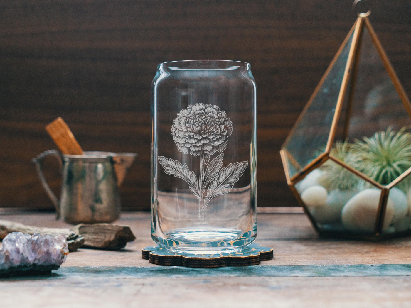 Marigold Flower Glasses | Floral Themed Whiskey, Wine & Beer Glassware, Gardner Drinkware, October Birth Month Gift, Summer Botanical Gift