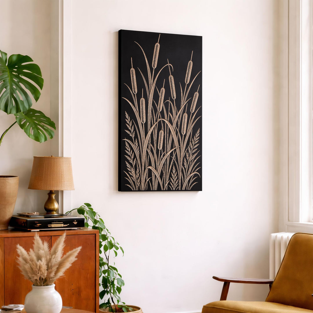 Lush Cattail Marsh Engraved Birch Art Panel