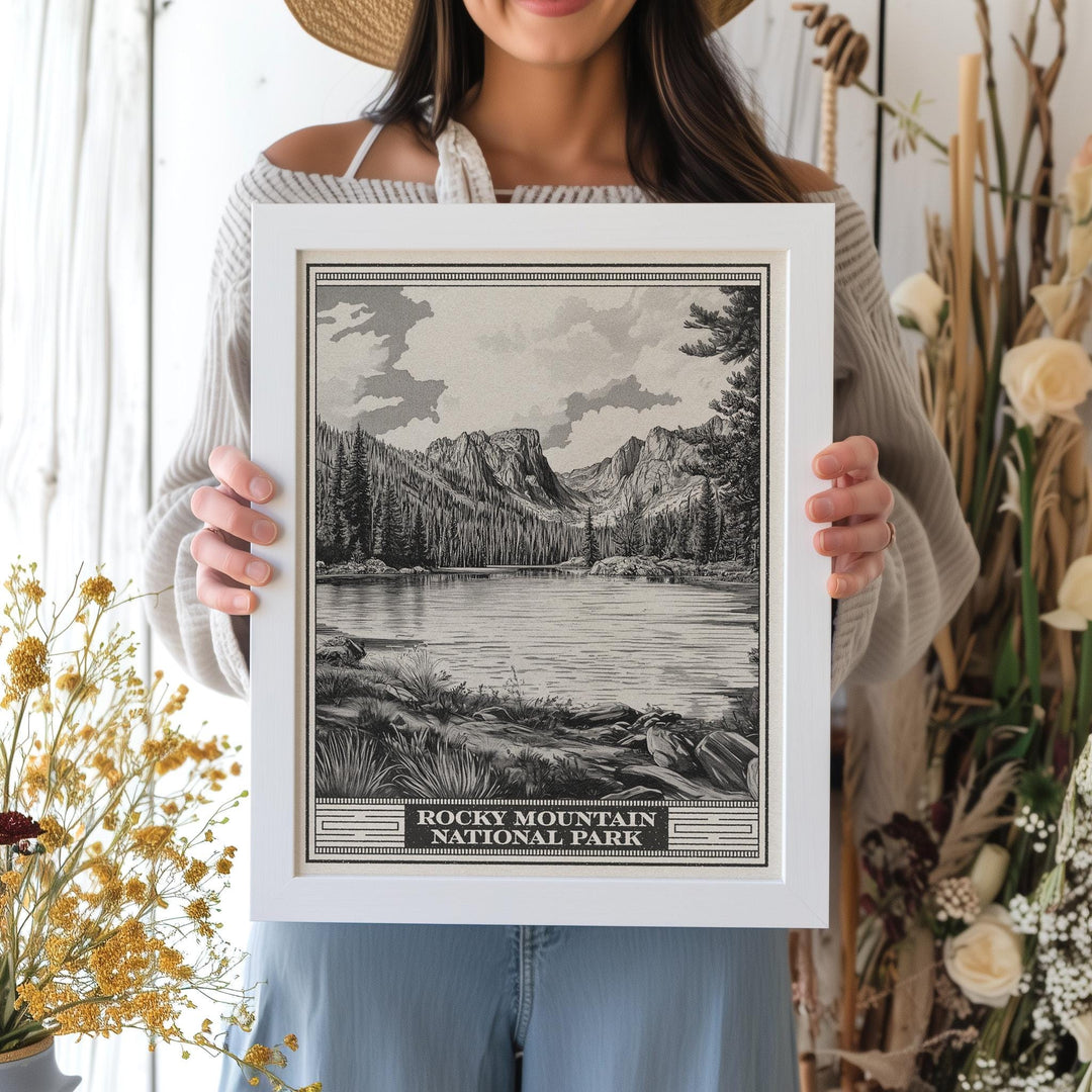 Rocky Mountain National Park Emerald Lake Lithograph Style Print - Vintage Colorado poster design, archival matte fine art print Nature gift