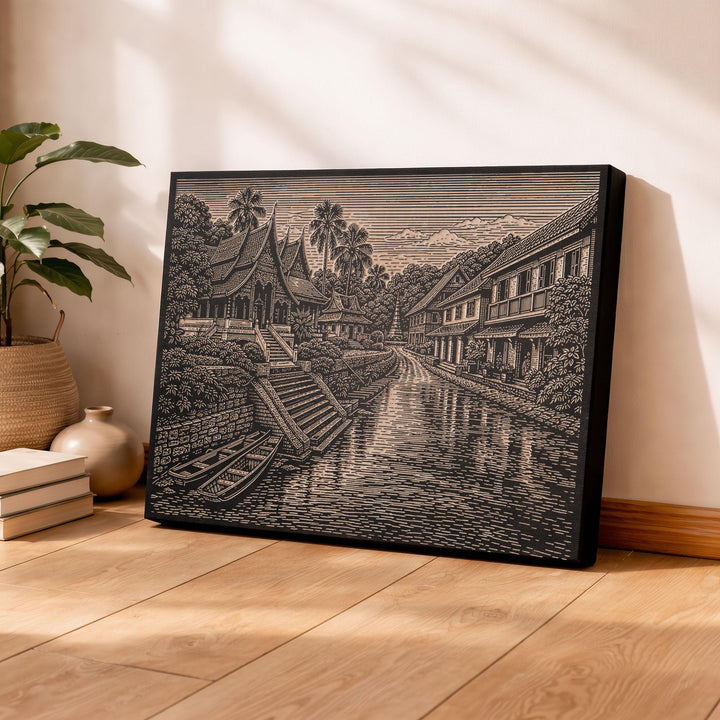 Luang Prabang Riverfront Engraved Birch Art Panel