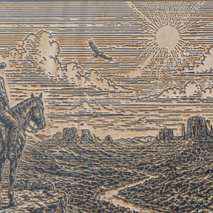 Lone Cowboy Above the Canyon Valley Engraved Illustration