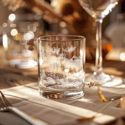 Moose Scene Glasses | Rustic Wildlife Themed Personalized Whiskey, Wine & Beer Glassware, Big Game Drinkware, Northern Forest Animal Gift