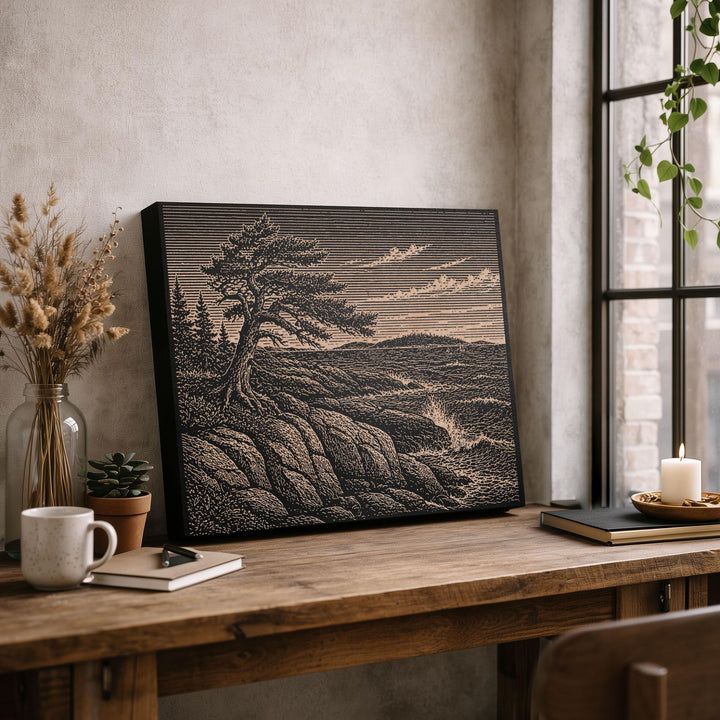 Granite Coast and Wind-Shaped Spruce Engraved Birch Art Panel