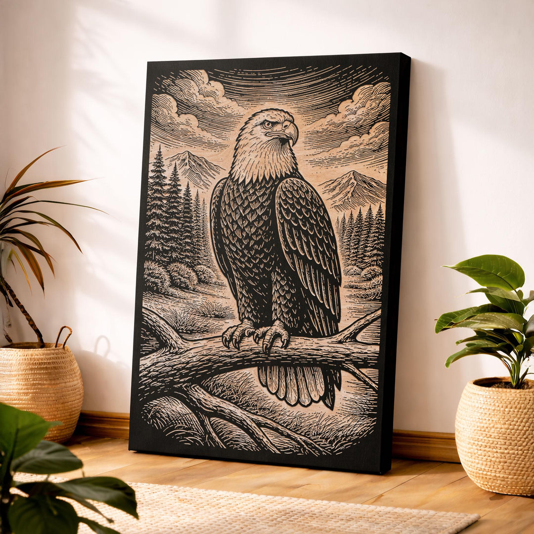 American Frontier Bald Eagle Full Perch Engraved Birch Art Panel