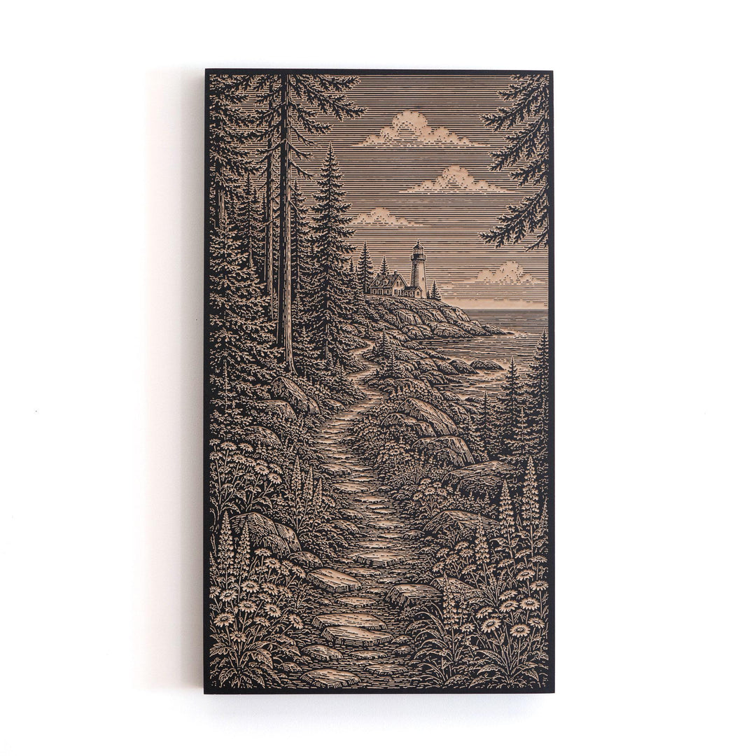 Maine Coastal Path to Lighthouse Engraved Birch Art Panel