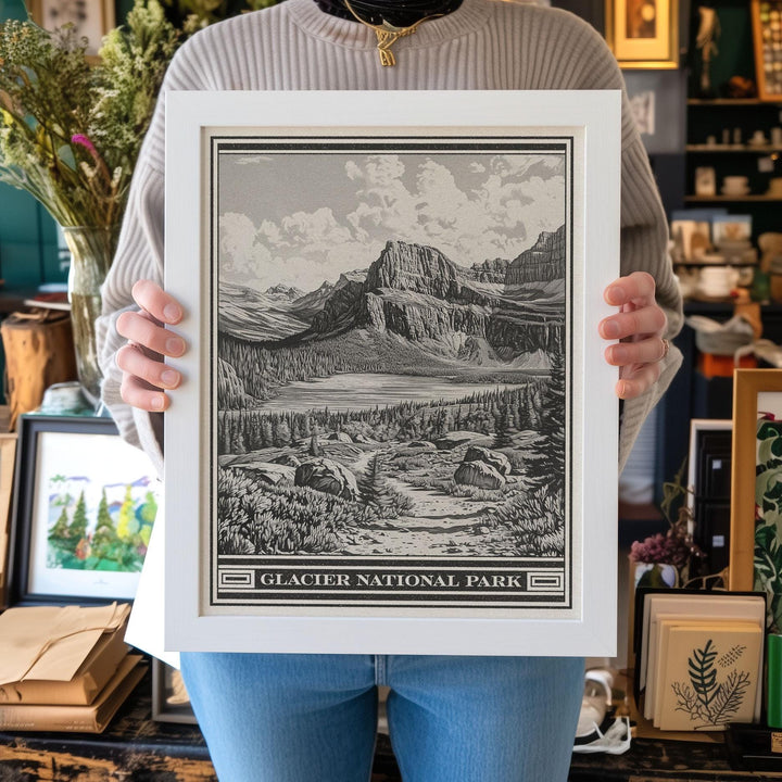 Glacier National Park Lithograph Style Print - Vintage Grinnell Lake Montana archival matte fine art print.  Cliffs of Angel Wing hiker gift