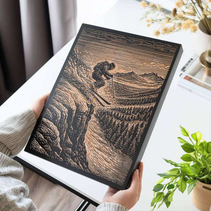 Backcountry Cliff Skiing Engraved Illustration