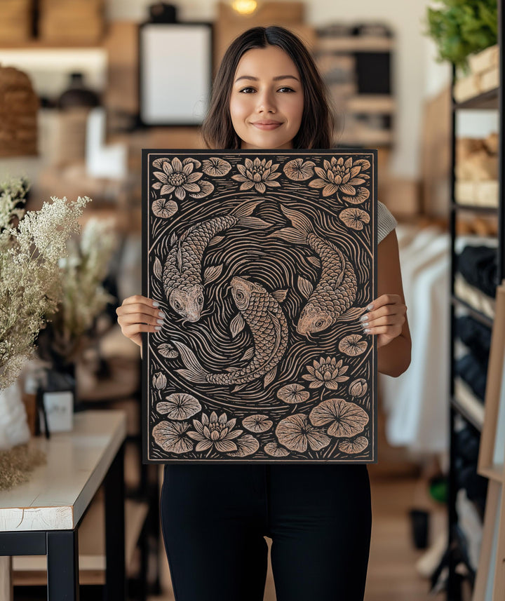 Koi Fish Engraved Birch Illustration